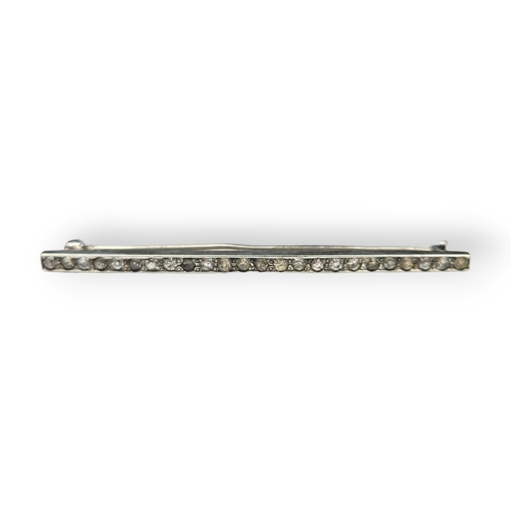 Antique Sterling Bar Brooch White Paste Rhinestone 925 Silver 1920s FLAW 2.5"
